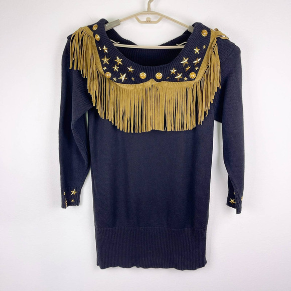 Vintage Suzy T Western Fringe Black Ribbed Star Studded Sweater Women's Medium - Picture 1 of 9